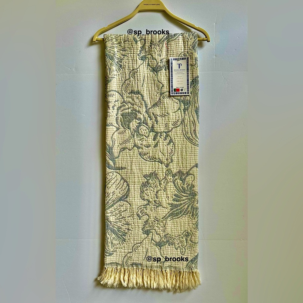 🎁Texteis Penedo Throw Blanket -Cotton- Elaborate Bloom in Oatmeal and Blue